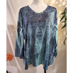 Jess & Jane Denim Effect Studded Sparkle V-Neck Top Womens Plus Size 1X Artsy